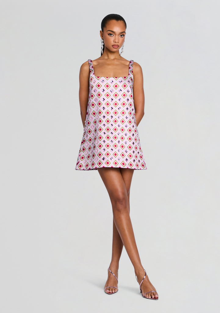 white dress with red hearts Retrofete Zephyra Embellished Mini Dress