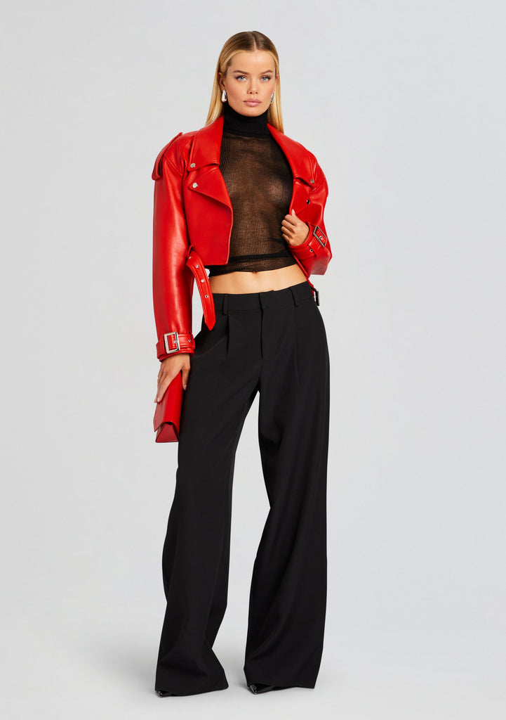 Red Cropped Faux Leather Trousers