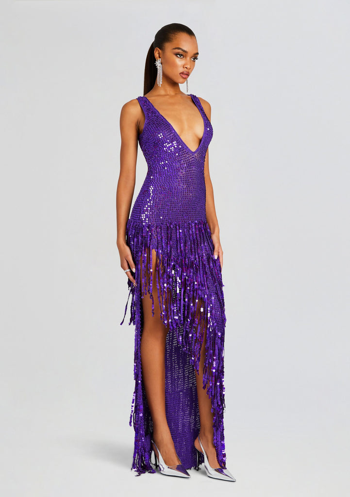purple fringe dress Elegant Slim Fit Ankle-Length Wholesale Party With Shiny Trim AM041016 Say goodbye to any worries about feeling restricted or held back Purple Plunging Neck Gigot Sleeve