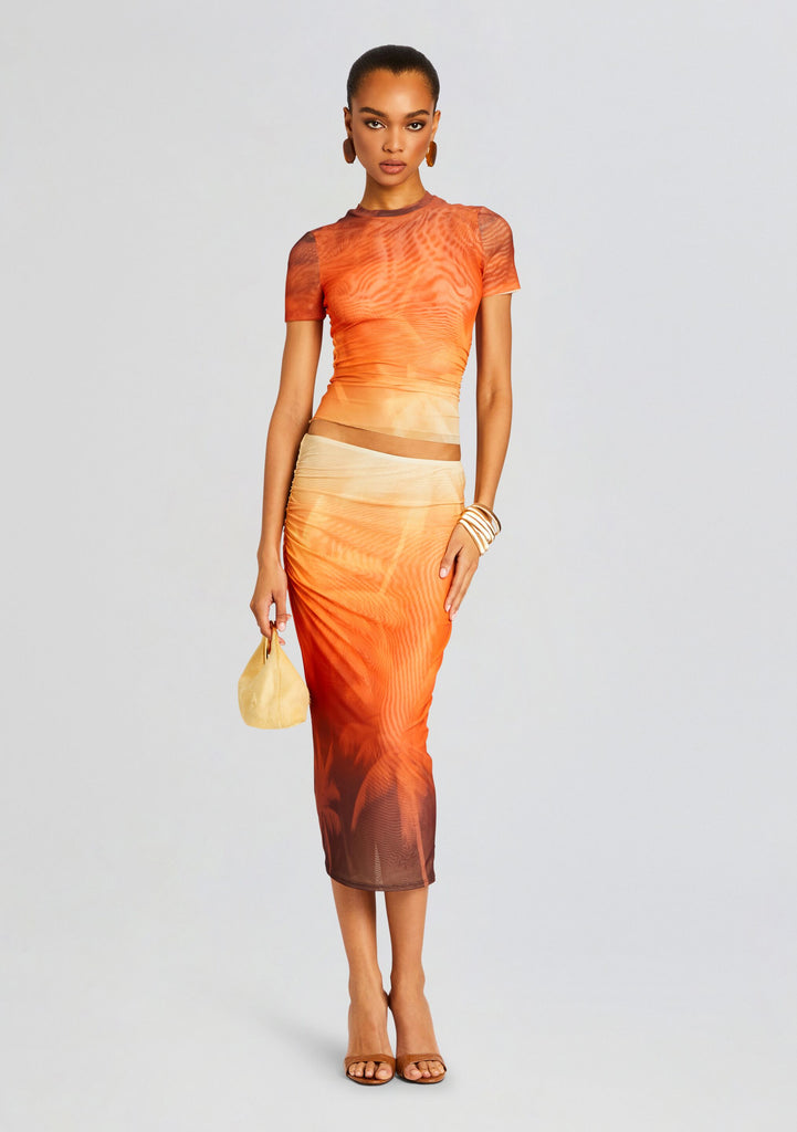 Nia See Through Printed Check Mid Skirt