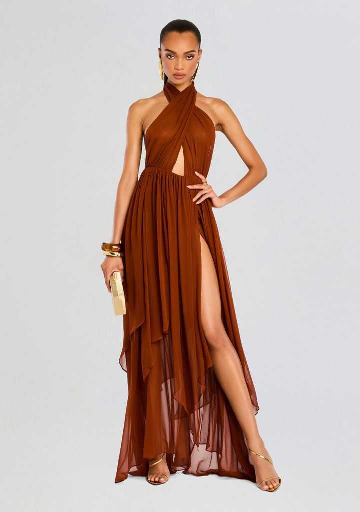 retrofte Women's Ina Silk Chiffon Dress - Brown - Maxi dresses retrofte Women's Ina Silk Chiffon Dress - Brown - Maxi dresses
