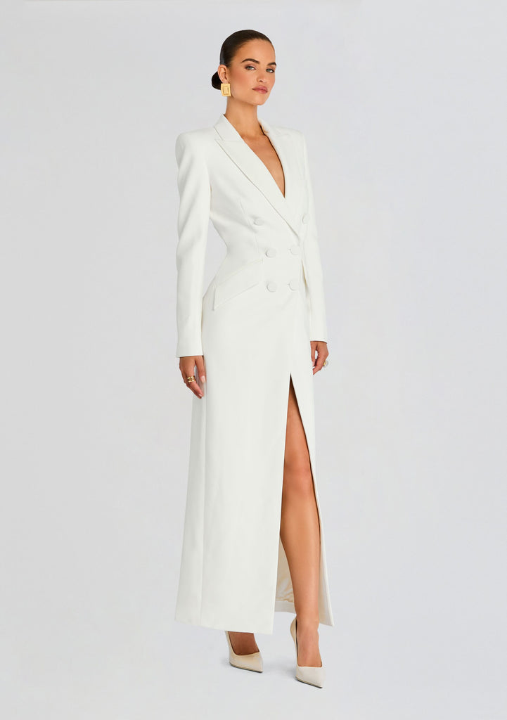 white dress blazer Amberly Blazer Evening Dress – Retrofete