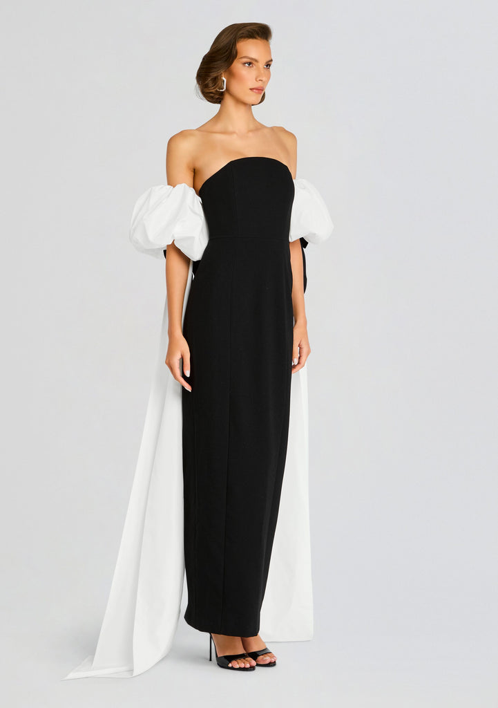 Half Moon Evening Dress with White Bowed Plumes