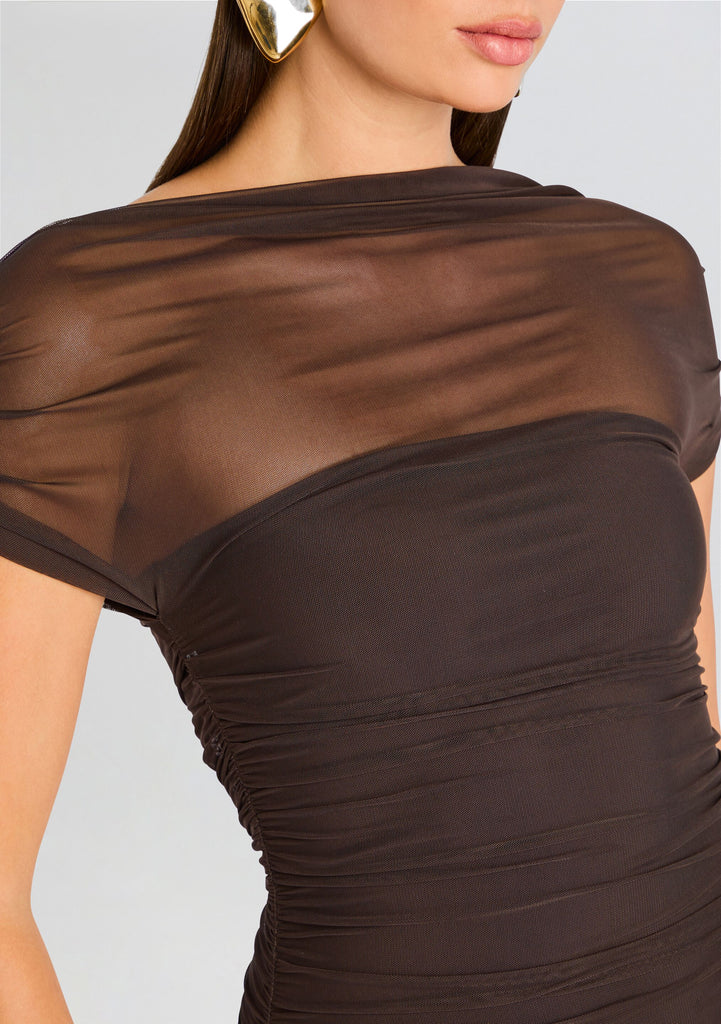 Seroya Noel Off Shoulder Mesh Midi Dress - Ash Brown Seroya Noel Off Shoulder Mesh Midi Dress - Ash Brown