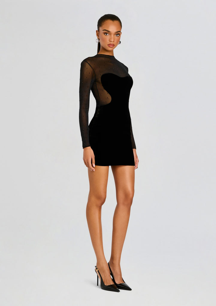 galaxy print contrast sheer mesh velvet dress Black Sheer Mesh Dress - Velvet Burnout Dress - Long Sleeve Maxi