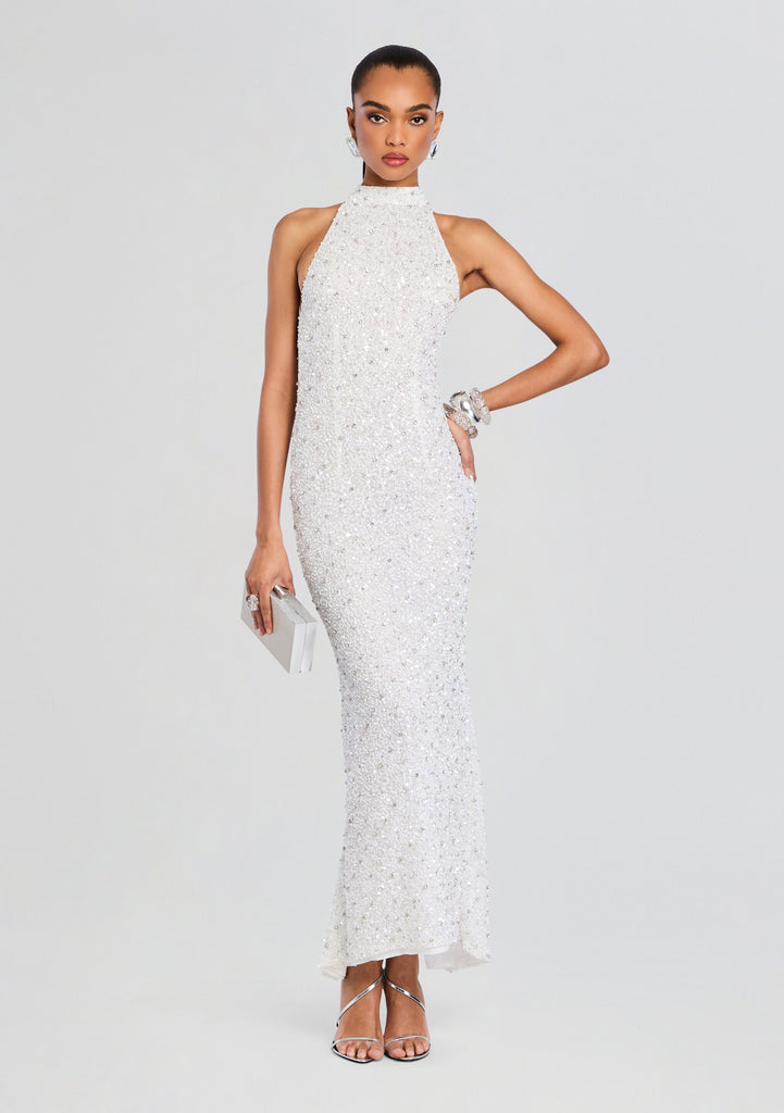 Retrofête - Olivia Embellished Tulle Halterneck Gown - White