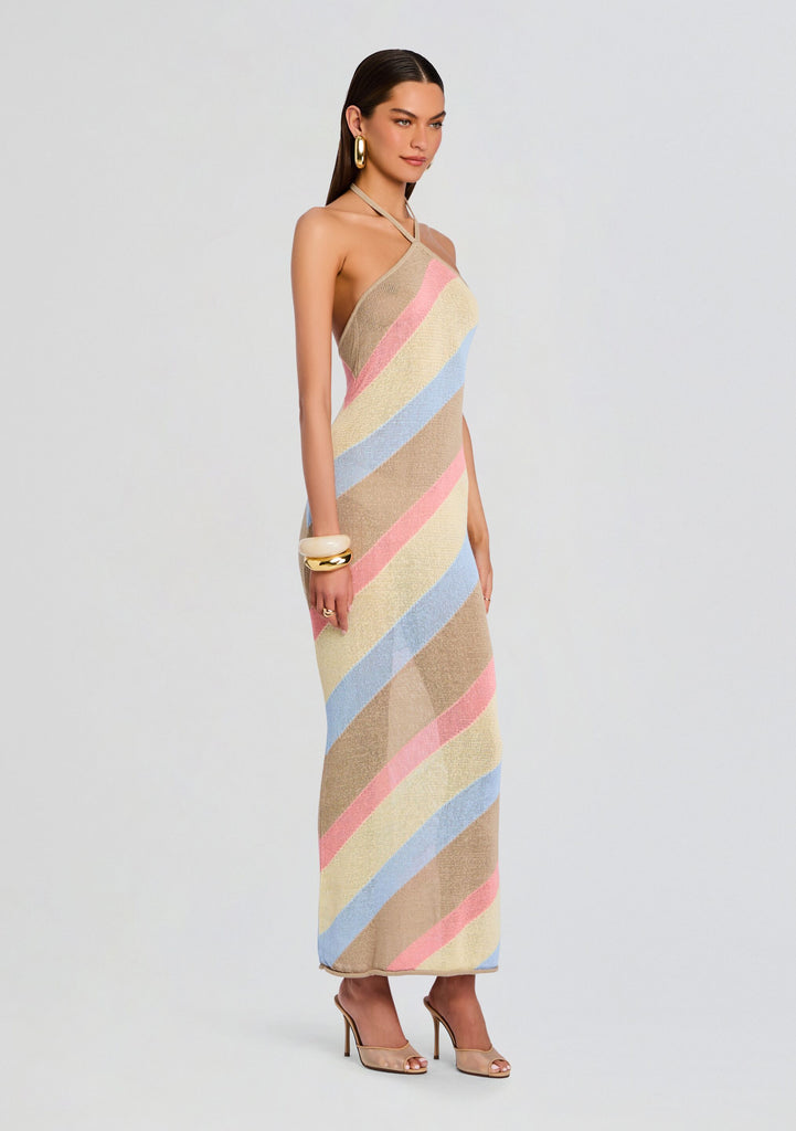 chinese dress ladies Ruena Colorful Striped Crochet Maxi Halter Dress – watereverysunday main image 1
