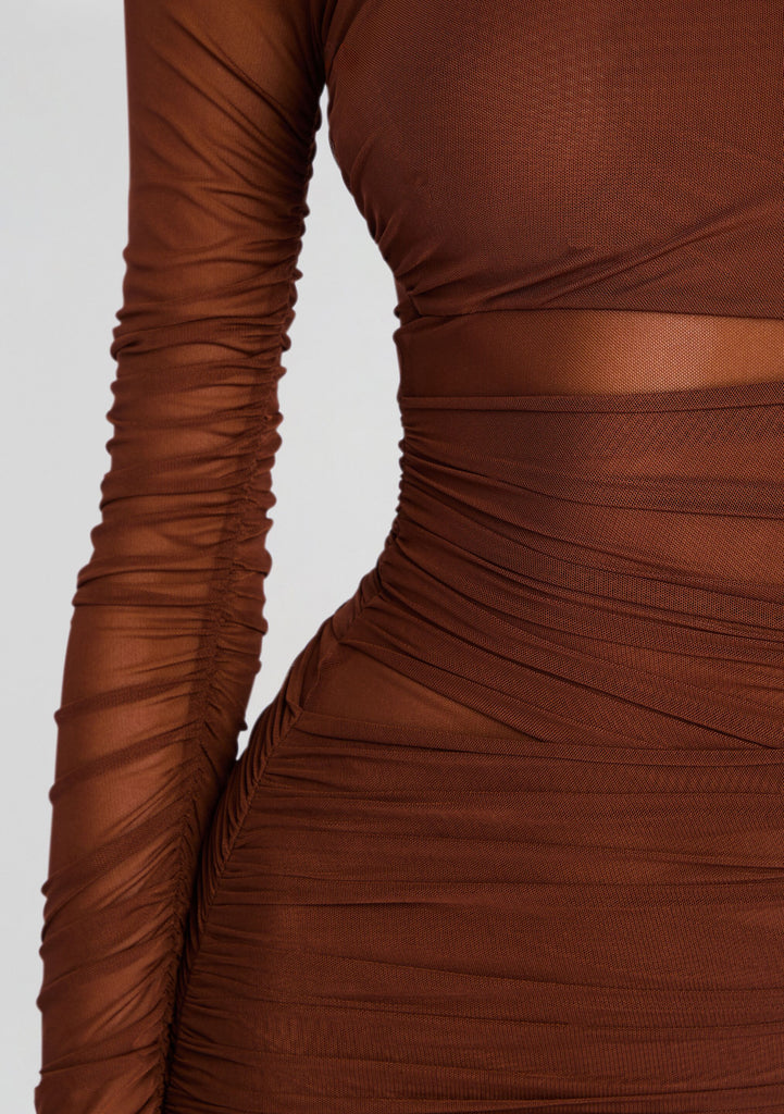Ser.O.Ya Women's Moxey Ruched Mesh Mini Dress - Brown - Mini Dresses Ser.O.Ya Women's Moxey Ruched Mesh Mini Dress - Brown - Mini Dresses