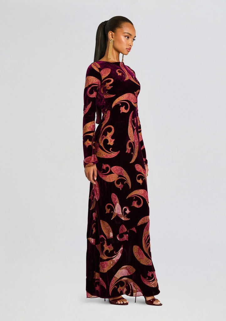 Retrofête Iona Velvet Dress | Dark Paisley | Size Xs