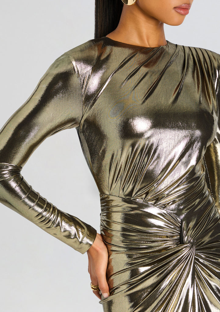 gold metallic dress long sleeve Ieena for Mac Duggal - Gold Metallic Long Sleeve Asymmetrical Ruched Gown main image 1