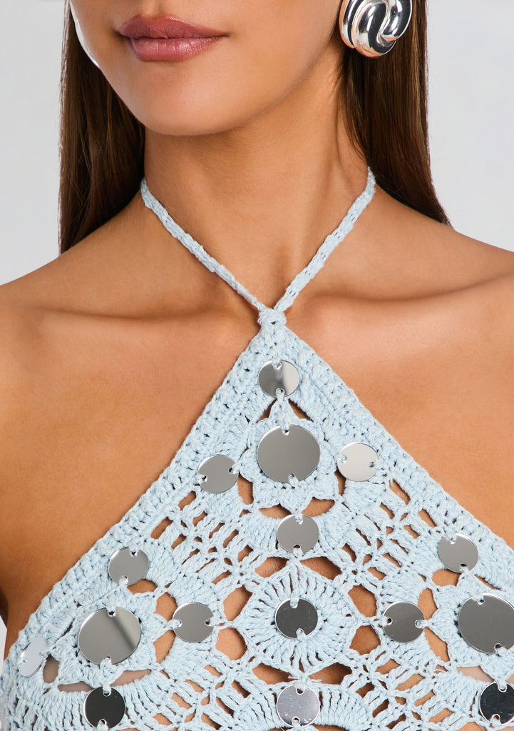 odetta metallic maxi dress retrofete Odetta Crochet Dress in Baby Blue