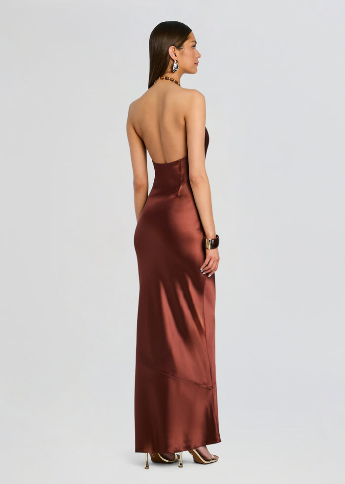 Back view of Anat Dress in bronze satin with a low back and halter neckline media 4 of 5