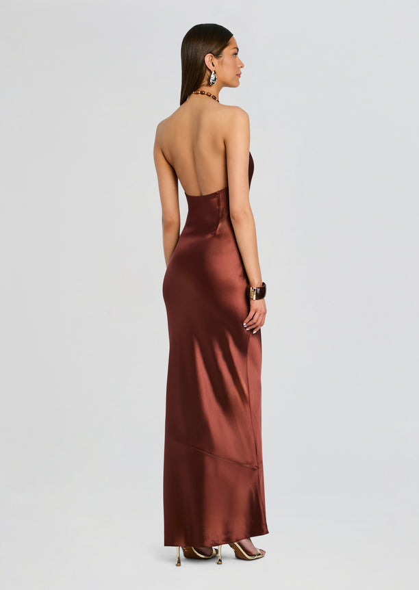 Back view of Anat Dress in bronze satin with a low back and halter neckline