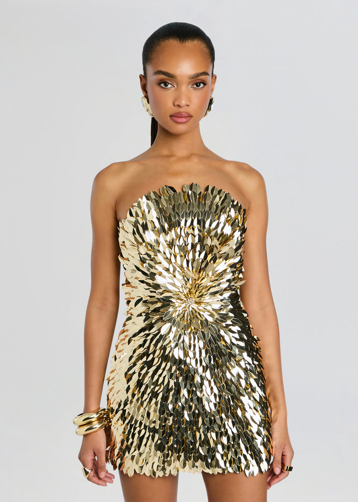 Kariella Embellished Dress worn strapless as a gold and silver sequin mini dress on a model. media 7 of 7