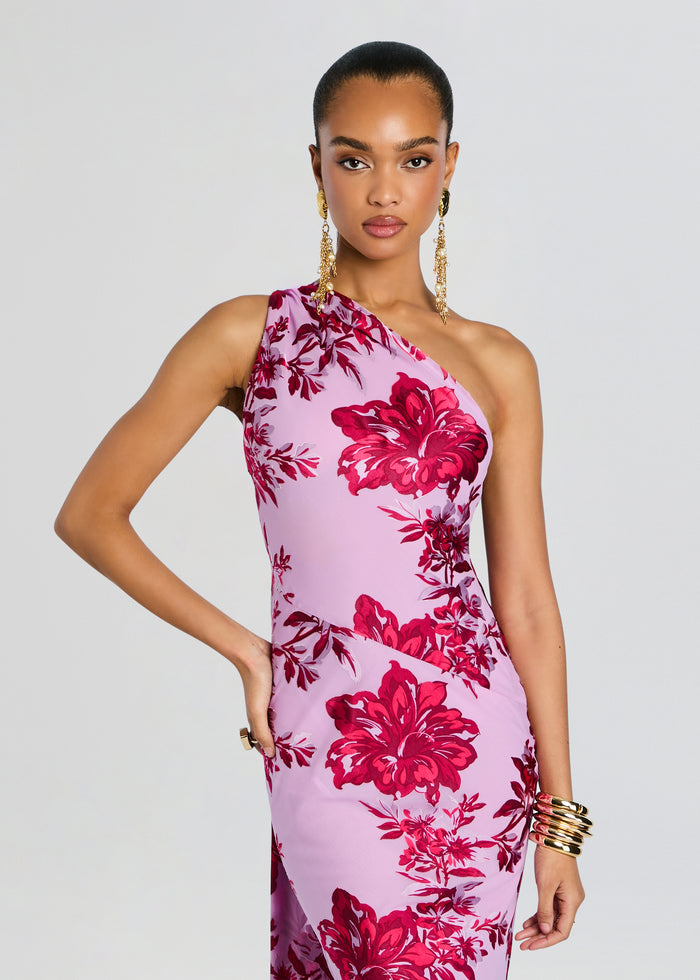 Lorenna Dress close-up of the upper body with a one-shoulder pink floral gown on the model media 5 of 5