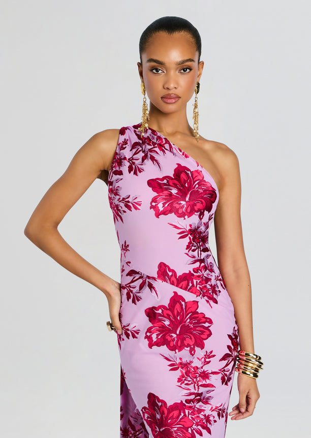 Lorenna Dress close-up of the upper body with a one-shoulder pink floral gown on the model