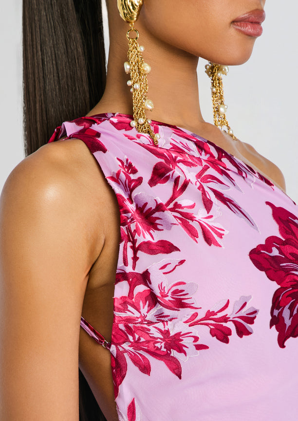 Lorenna Dress fabric close up highlighting pink floral print and a decorative shoulder strap.