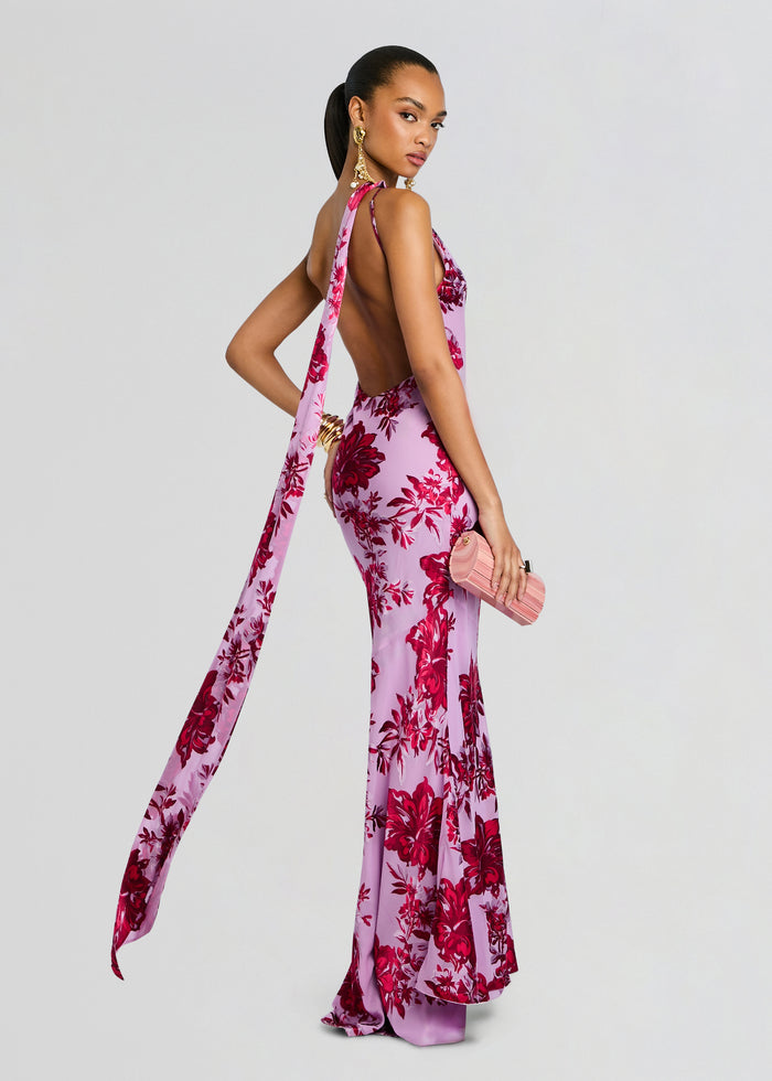 Lorenna Dress in pink lavender floral print with open back and a long draped sash over the shoulder. media 1 of 5