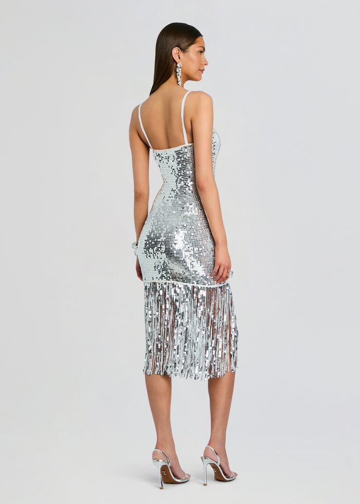 Back view of silver sequin fringe dress with thin straps and fringe hem. media 4 of 5