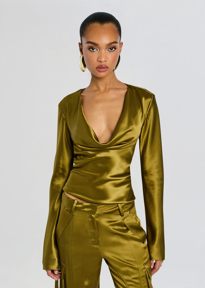Nerissa Top in olive satin with a deep plunging neckline and long sleeves. media 1 of 5