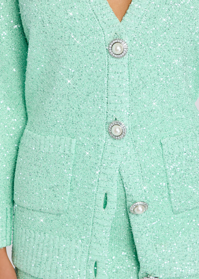 Mint green glittery Sana Cardigan with pearl buttons down the front. media 3 of 5