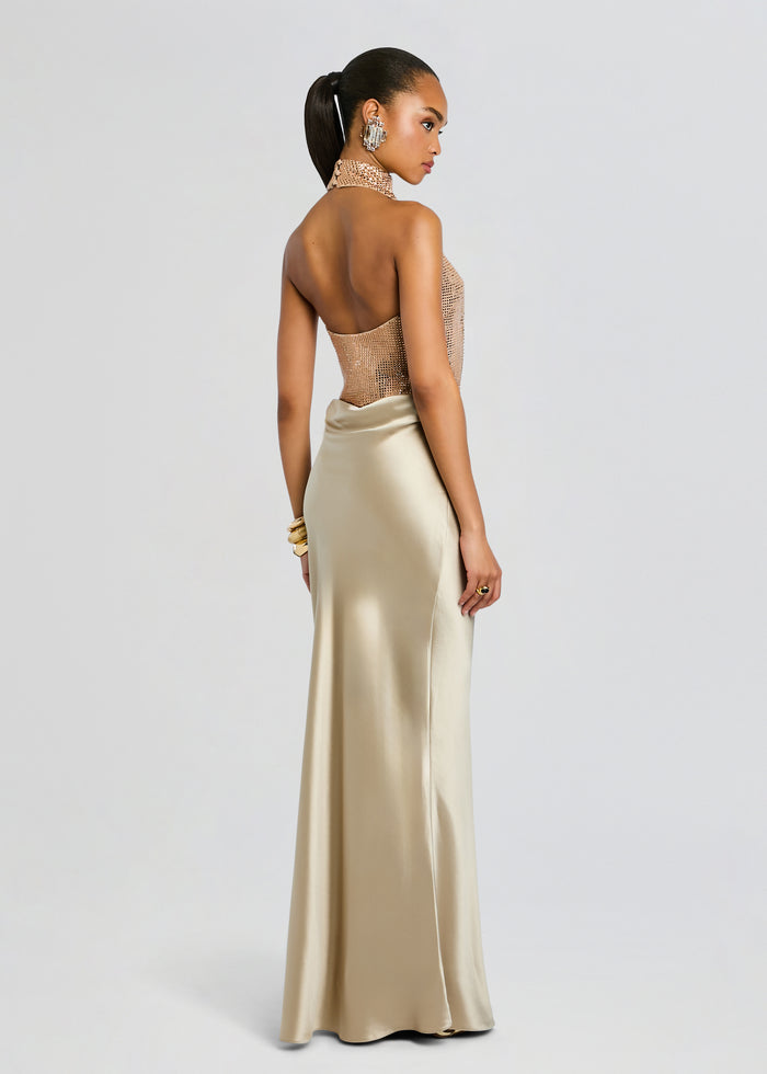 Back view of a model in a Vanya Embellished Dress with a beaded mesh bodice and champagne satin skirt media 5 of 6