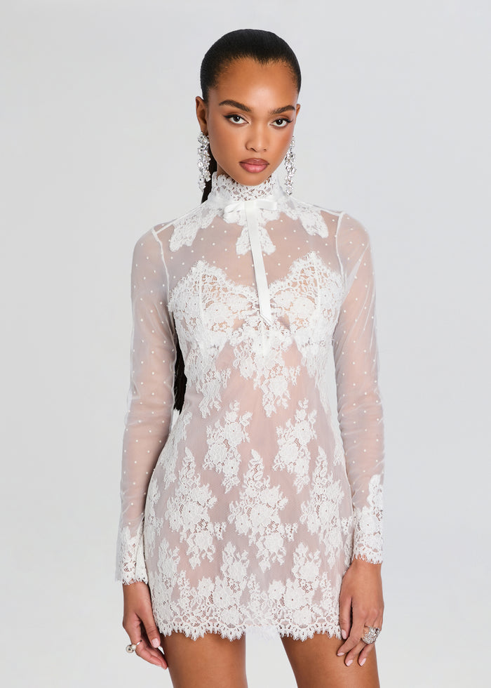 Faylin Lace Dress white lace mini dress with sheer sleeves and a high neck bow detail media 5 of 5