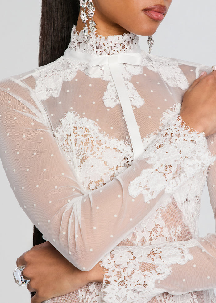 Close-up of Faylin Lace Dress bodice with floral lace and sheer dotted mesh high collar. media 2 of 5