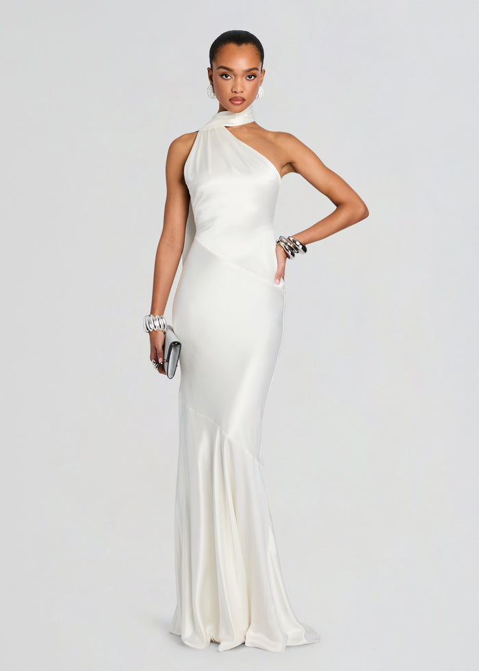 Kelsa Dress full-length white satin gown with one-shoulder neckline and flowing skirt with a fringe cape media 3 of 5