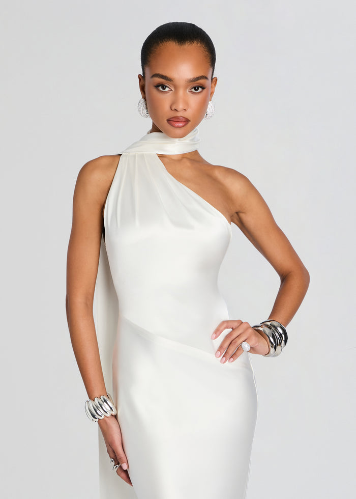 Kelsa Dress white satin one shoulder gown with a draped neck scarf worn by a model media 5 of 5