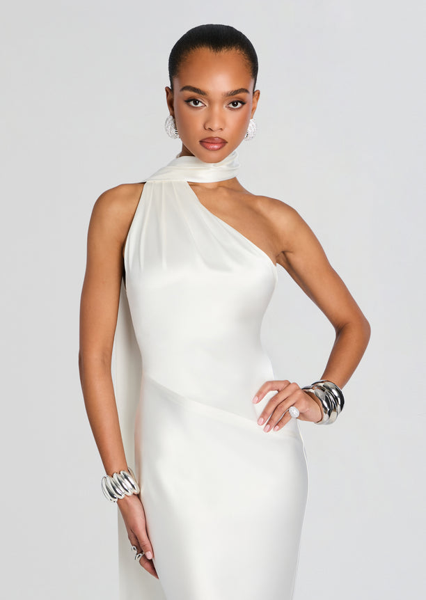 Kelsa Dress white satin one shoulder gown with a draped neck scarf worn by a model