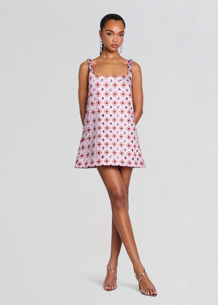 Zephyra Embellished Dress pink geometric diamond pattern sleeveless mini media 1 of 6