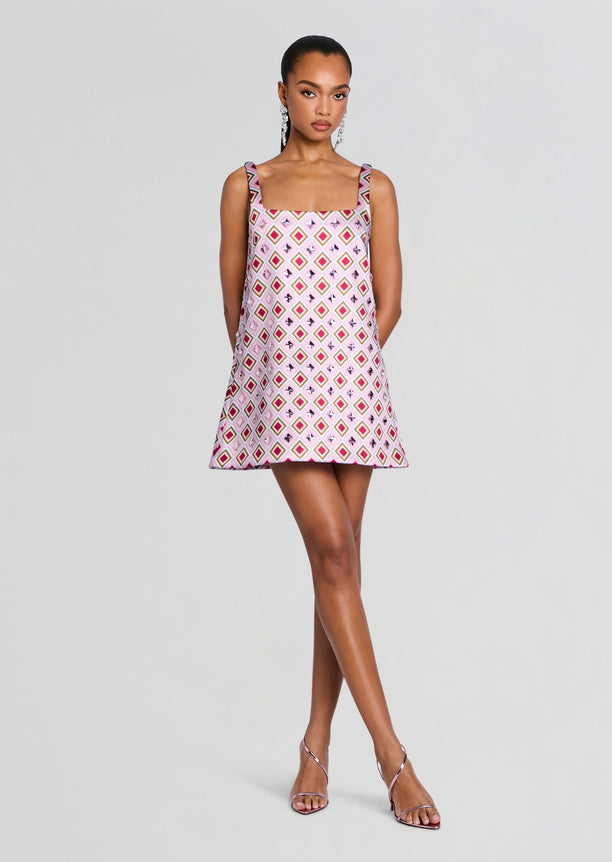 Zephyra Embellished Dress pink geometric diamond pattern sleeveless mini