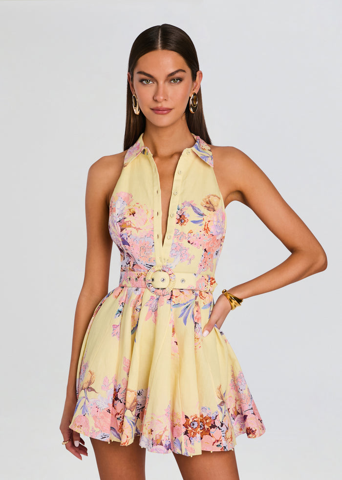 Kysha Short Dress with Belt Buckle in pale yellow floral print worn by a model media 5 of 5