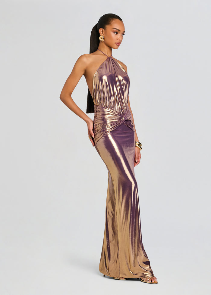 Full-length Nolira Dress in metallic rose gold to plum gradient with a halter neck and ruched waist on a fitted mermaid silhouette. media 3 of 5
