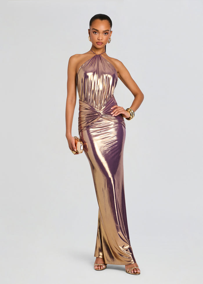 Full length metallic rose gold halter neck Nolira dress with ruched bodice and twisted waist. media 1 of 5