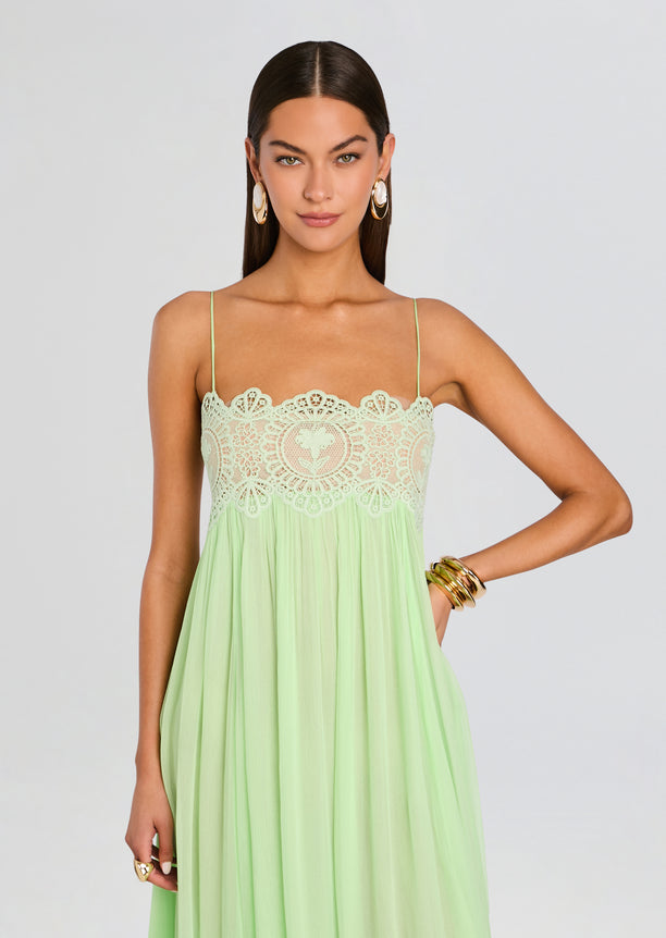 Front view of mint Gypsy Chiffon Dress with delicate lace bodice and airy flowing skirt