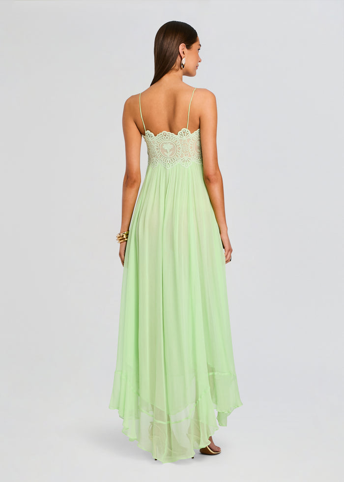 Back view of mint Gypsy Chiffon Dress shows scalloped lace bodice and flowing pleated skirt media 4 of 5