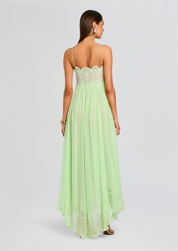 Back view of mint Gypsy Chiffon Dress shows scalloped lace bodice and flowing pleated skirt