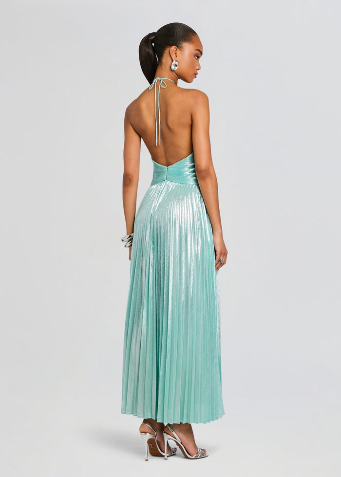 Back view of the Ivee Dress halter gown with an open back and tied halter neck in turquoise. media 4 of 5