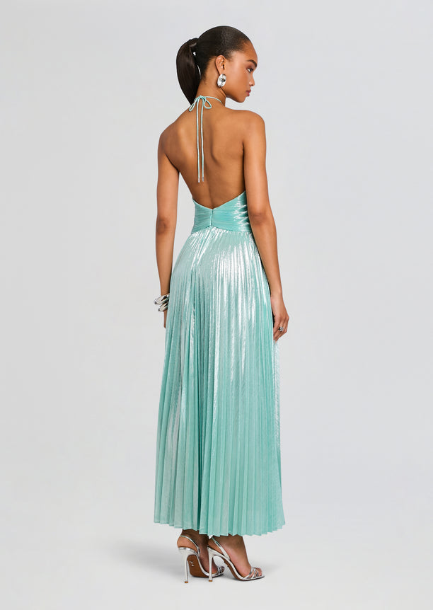 Back view of the Ivee Dress halter gown with an open back and tied halter neck in turquoise.