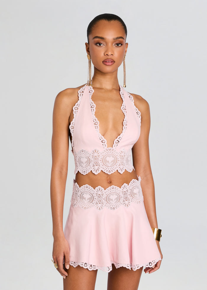 Pink lace halter top with scalloped edges and matching lace shorts from the Kismet set. media 1 of 5