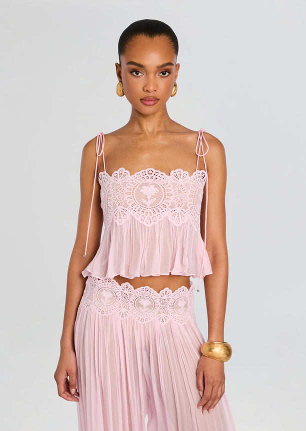 Luenie Chiffon Top in pale pink featuring a lace bodice and delicate sheer chiffon flounce at the hem.