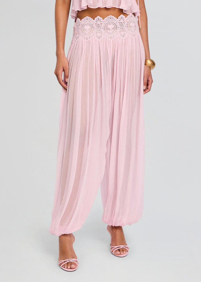 Close-up of the pink Dreamy Chiffon Pant waist with lace detailing. media 1 of 6