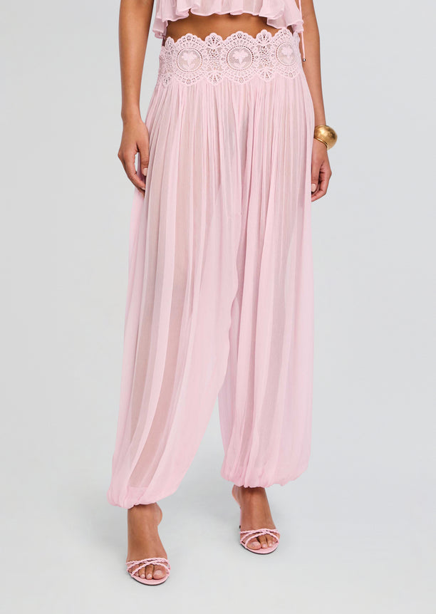 Close-up of the pink Dreamy Chiffon Pant waist with lace detailing.