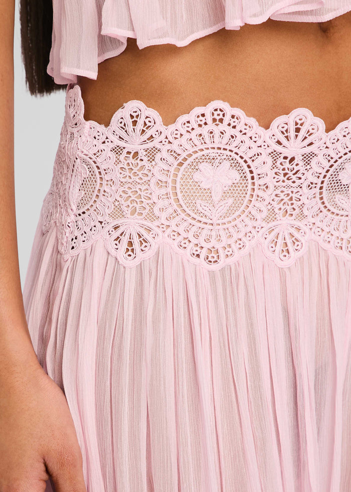 Close-up of the pink lace waistband on the Dreamy Chiffon Pant showing an intricate floral pattern. media 3 of 6