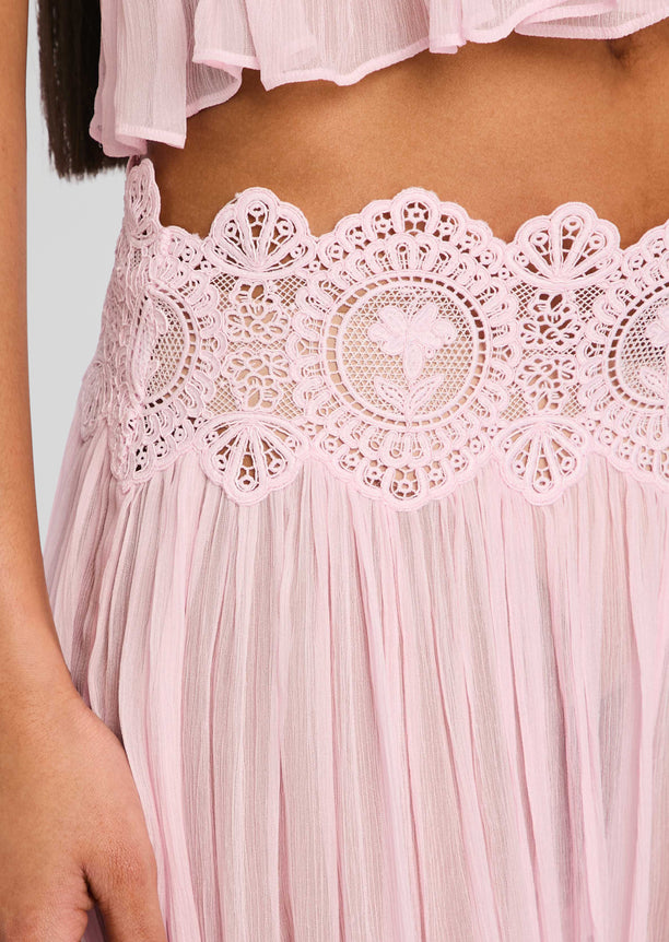 Close-up of the pink lace waistband on the Dreamy Chiffon Pant showing an intricate floral pattern.