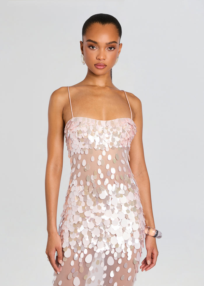 Front view of a blush pink Mischa Sequin Dress with thin straps and overlapping circular sequins. media 5 of 5