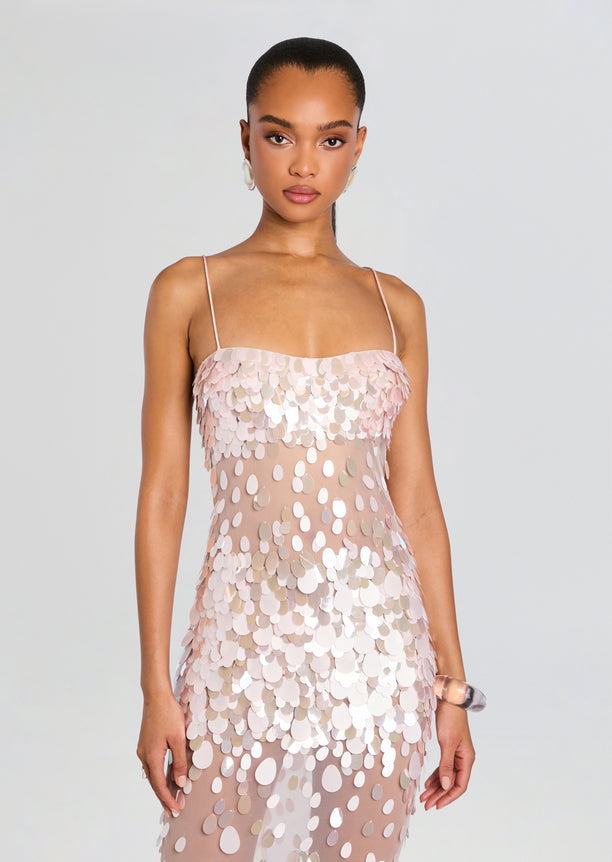 Front view of a blush pink Mischa Sequin Dress with thin straps and overlapping circular sequins.