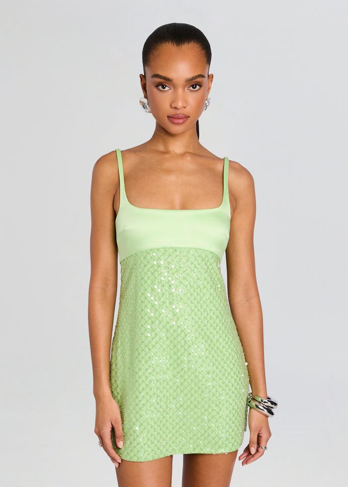 Front view of the mint green Monyca Sequin Dress featuring a satin bodice and sequin skirt media 5 of 5
